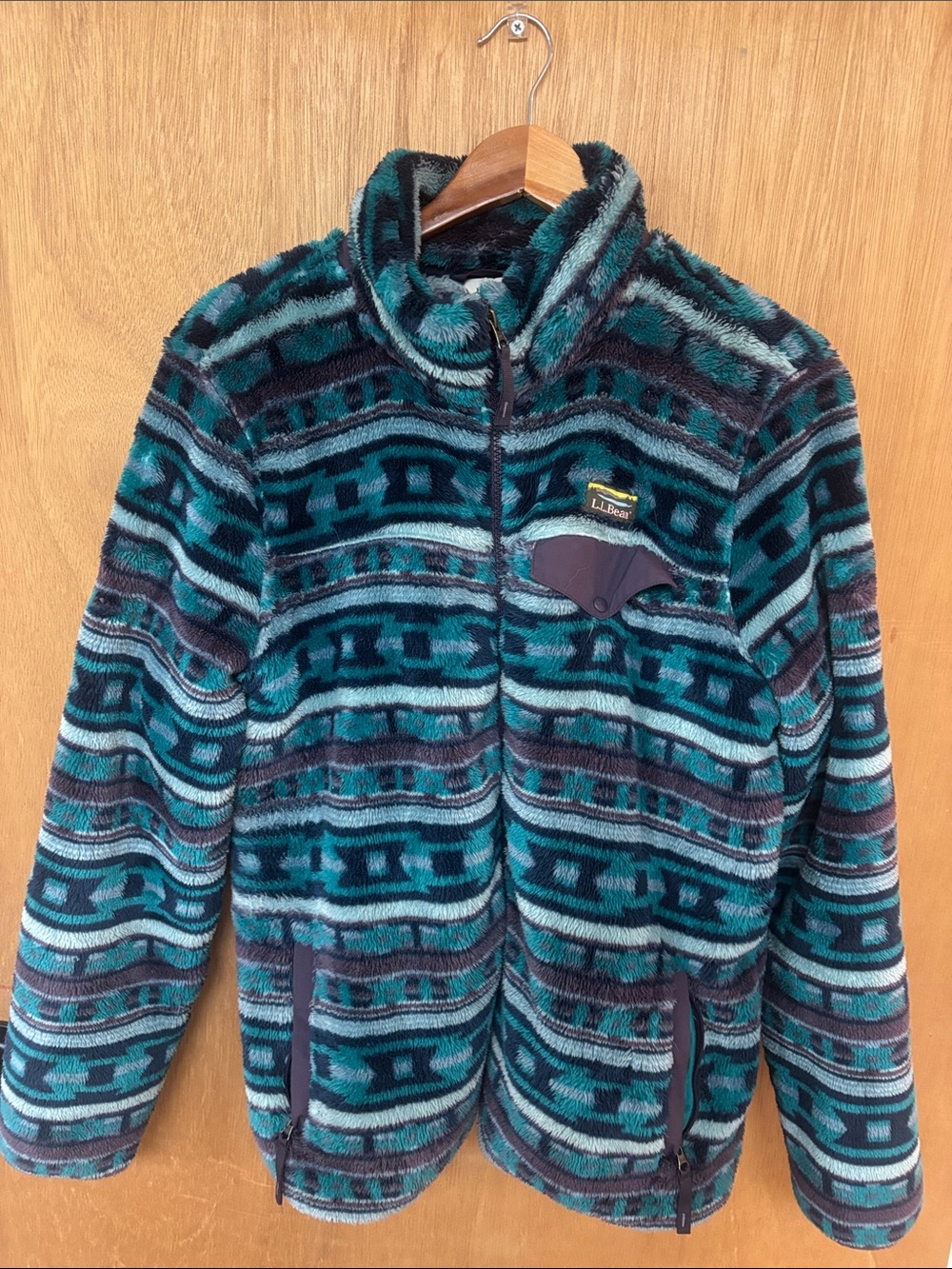 L.L. Bean Teal & Navy Geometric Fleece Zip Jacket